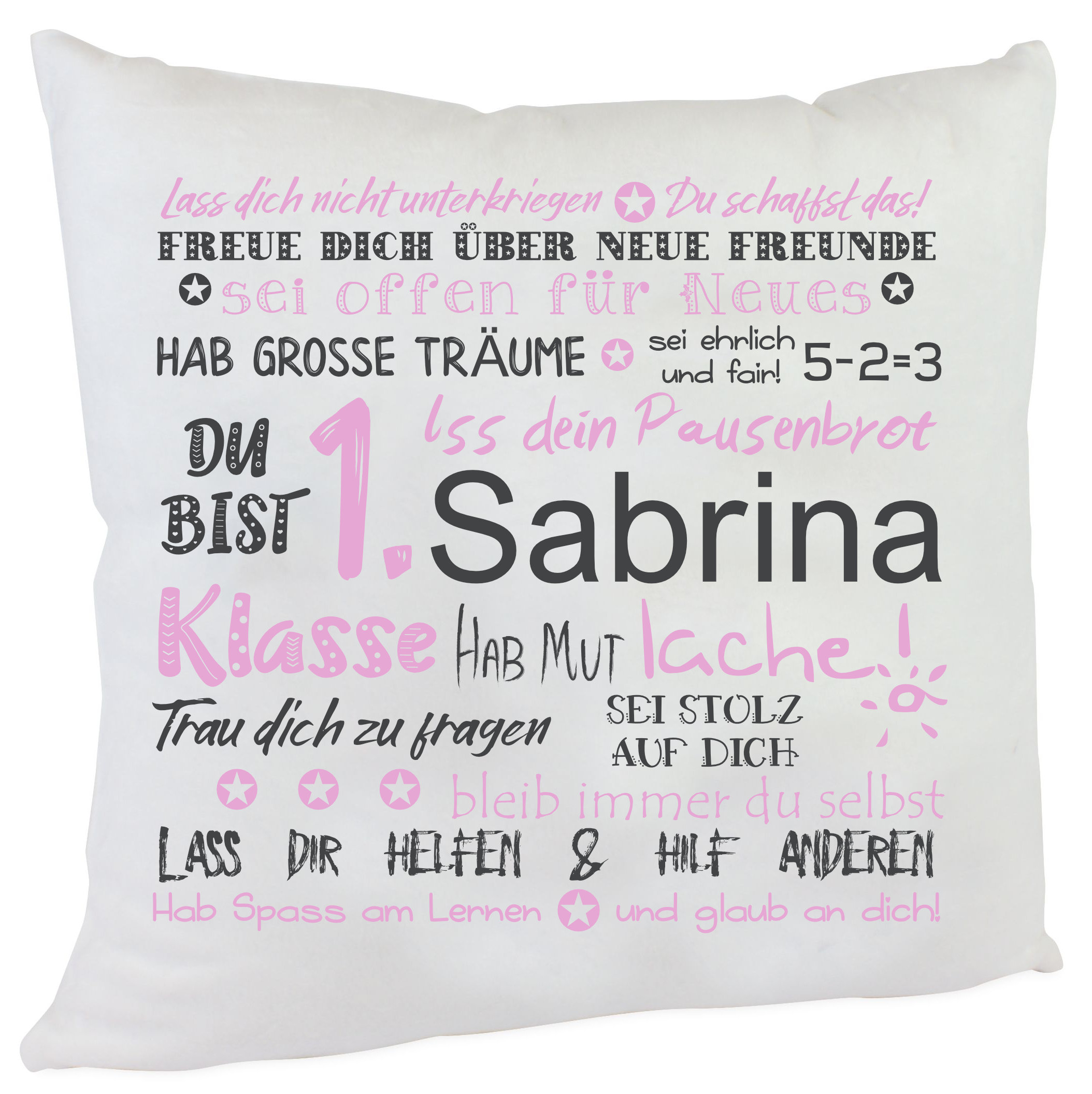 personalisiertes Kissen zur Einschulung Mädchen du bist 1. Klasse grau rosé