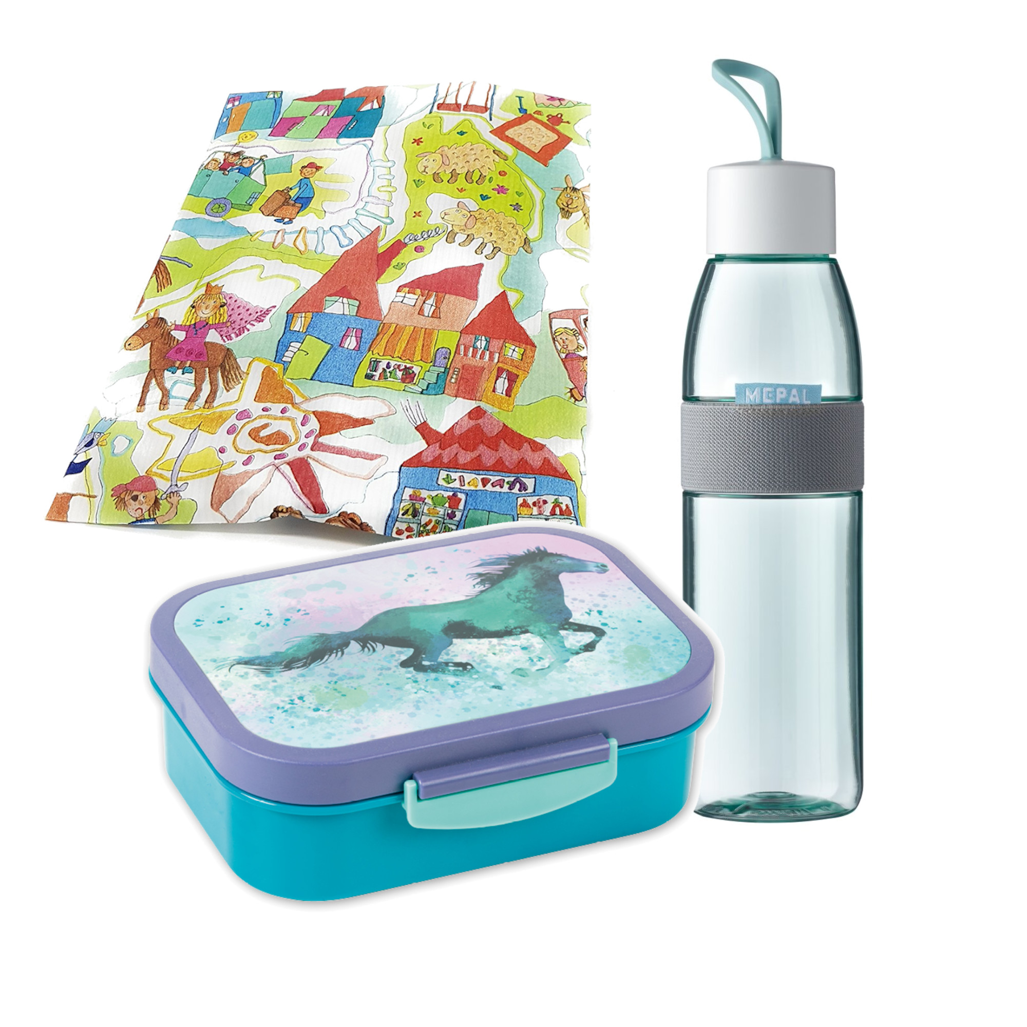 Lutz Mauder Maxi-Lunchbox Horse und Mepal Trinkflasche 500 ml blau