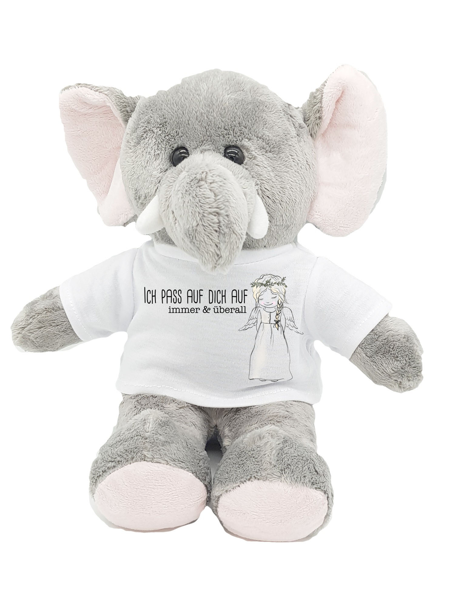 kuscheliger Elefant mit Schutzengel und Blumenkranz