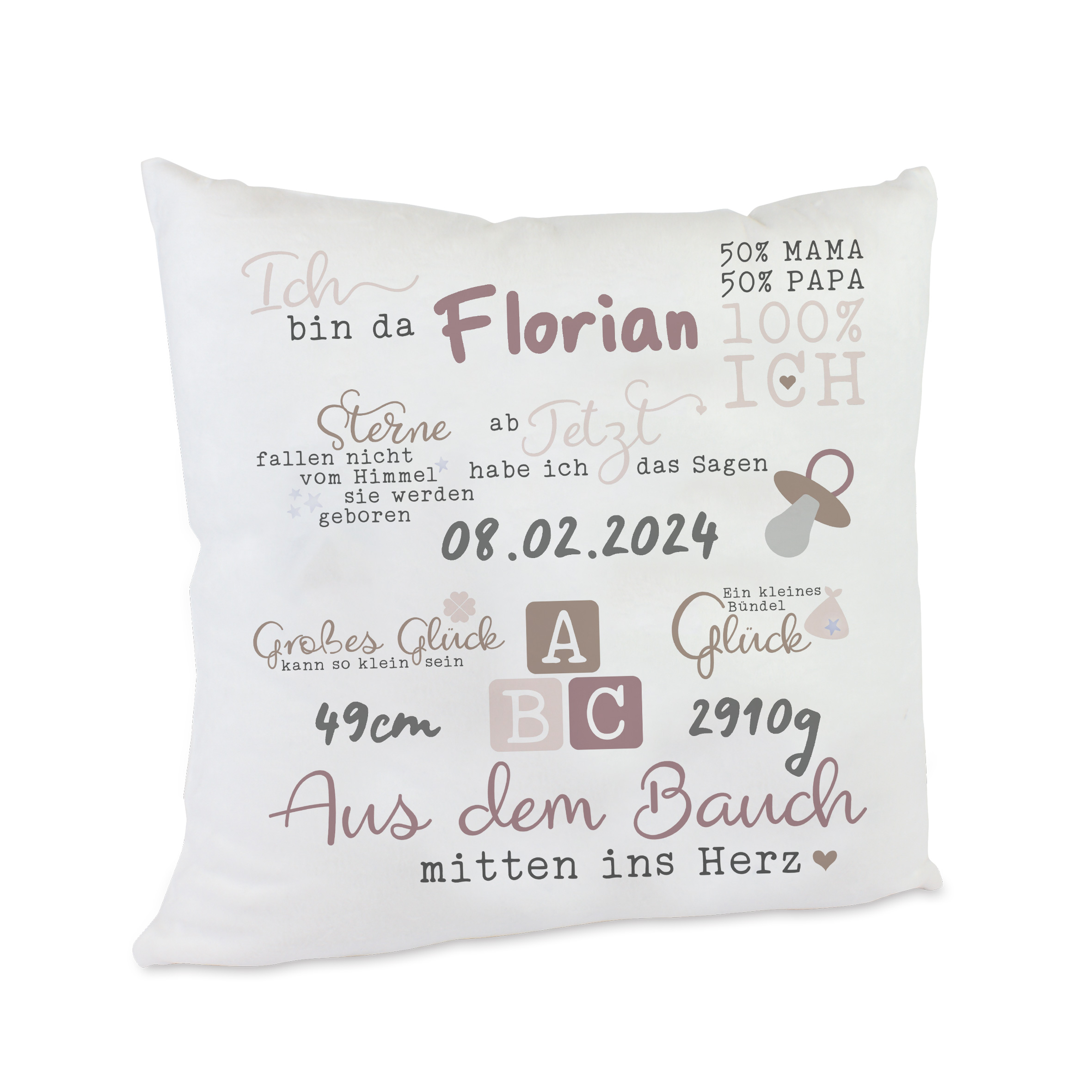 Personalisiertes Jungen-Namenskissen - Aus dem Bauch, mitten ins Herz, mit Geburtsdaten,