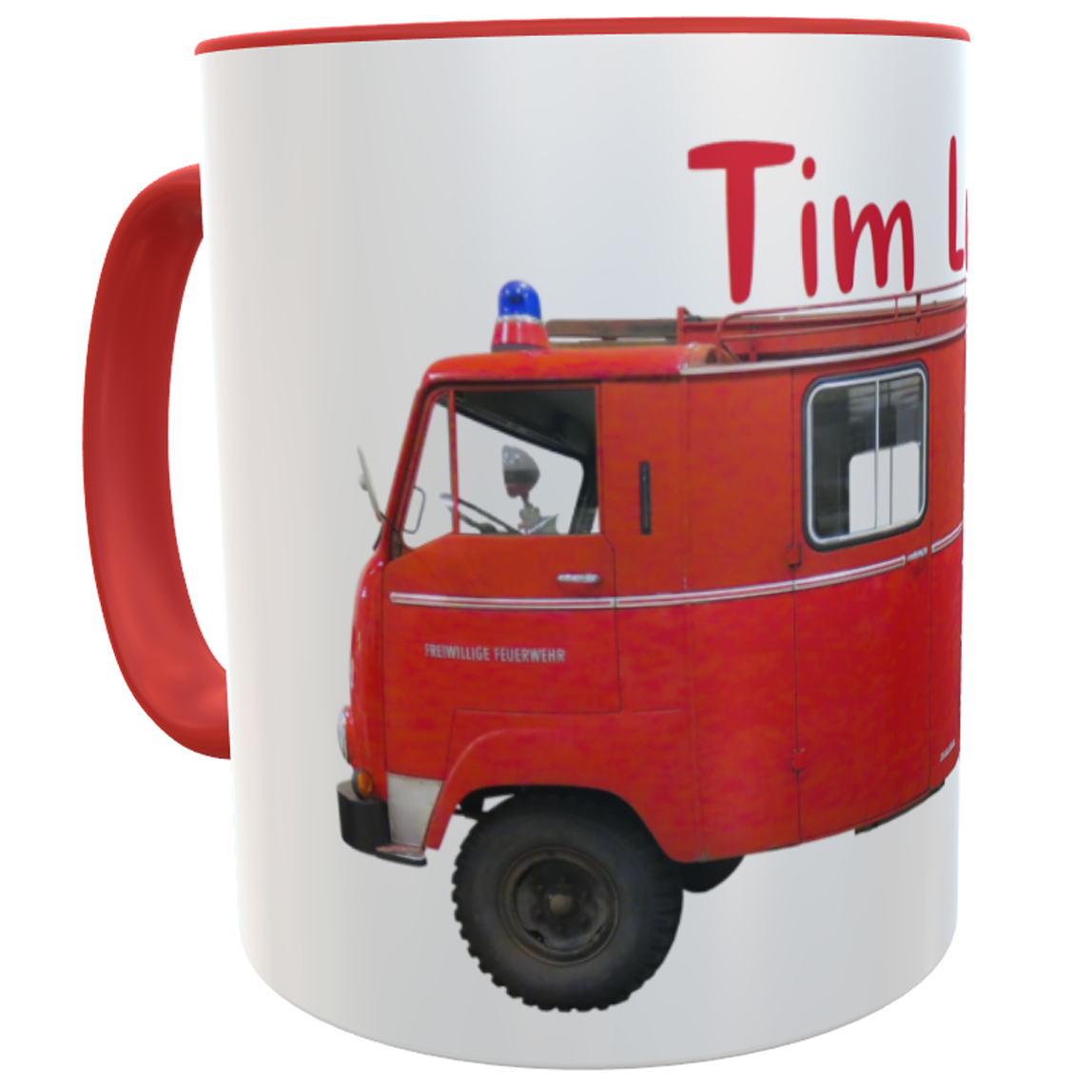 Kaffeetasse Feuerwehrauto mit Namen des Feuerwehrmanns
