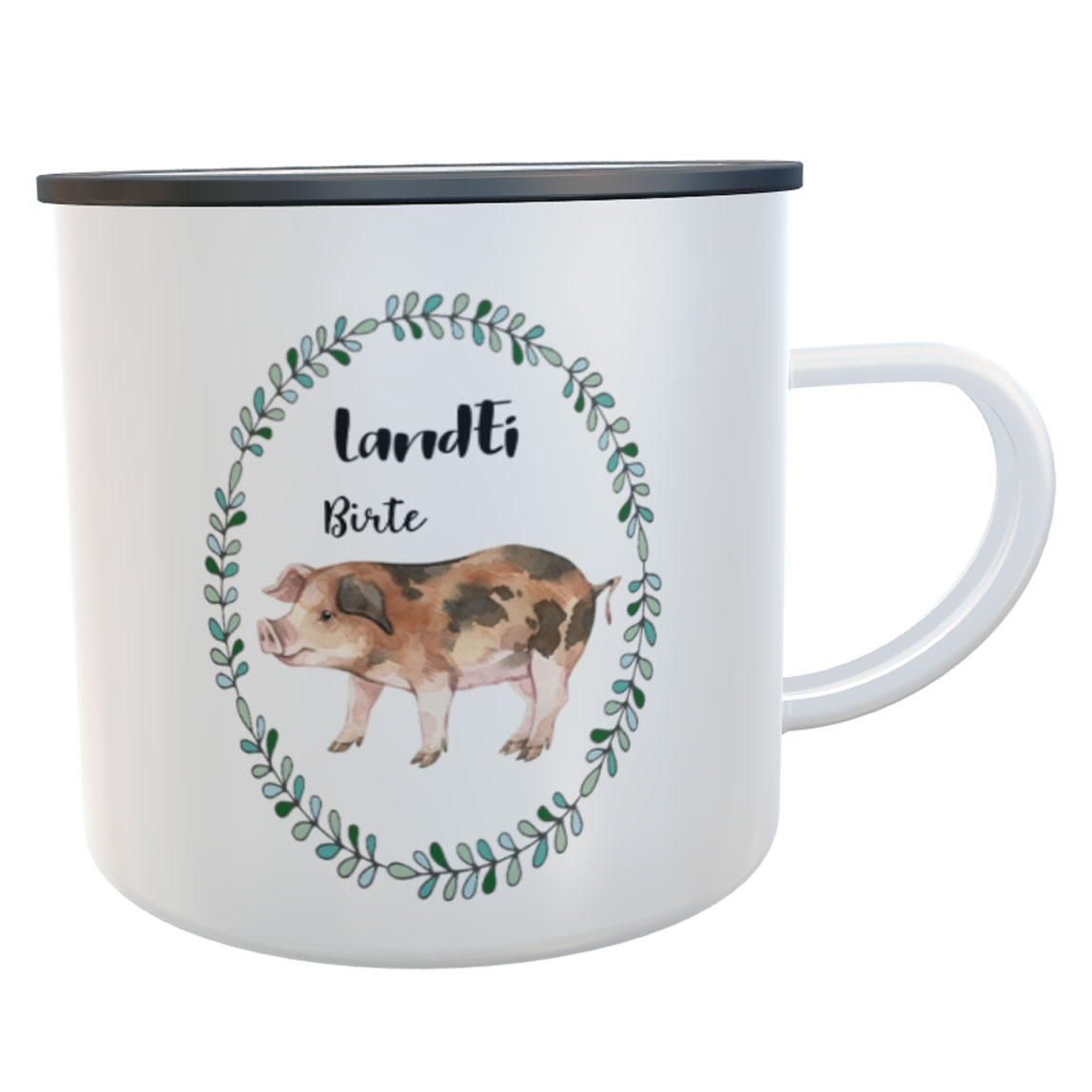 Emaille-Tasse LandEi Schwein mit Namen