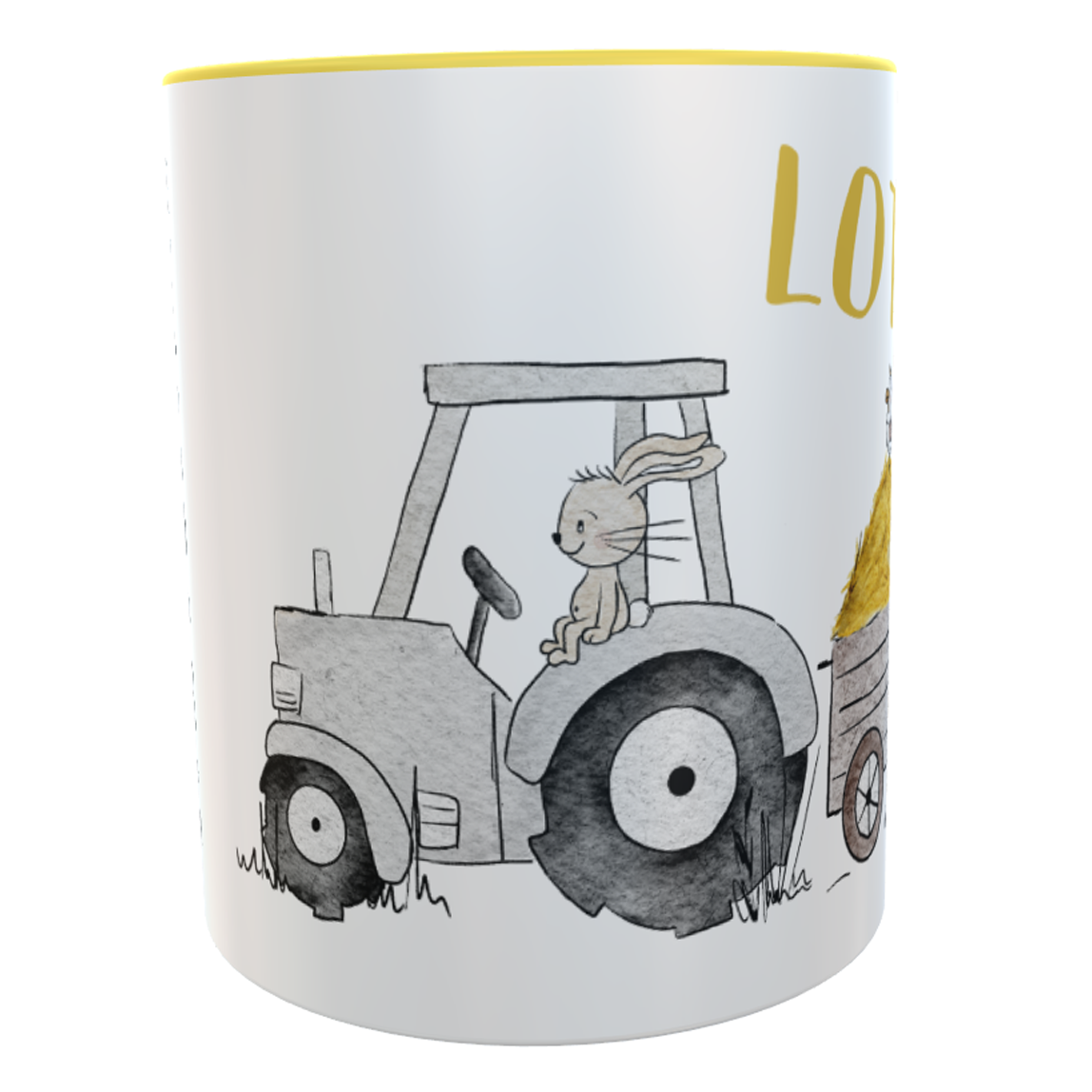 Kindertasse Traktor Hase gelb Dorfkindmomente mit Namen
