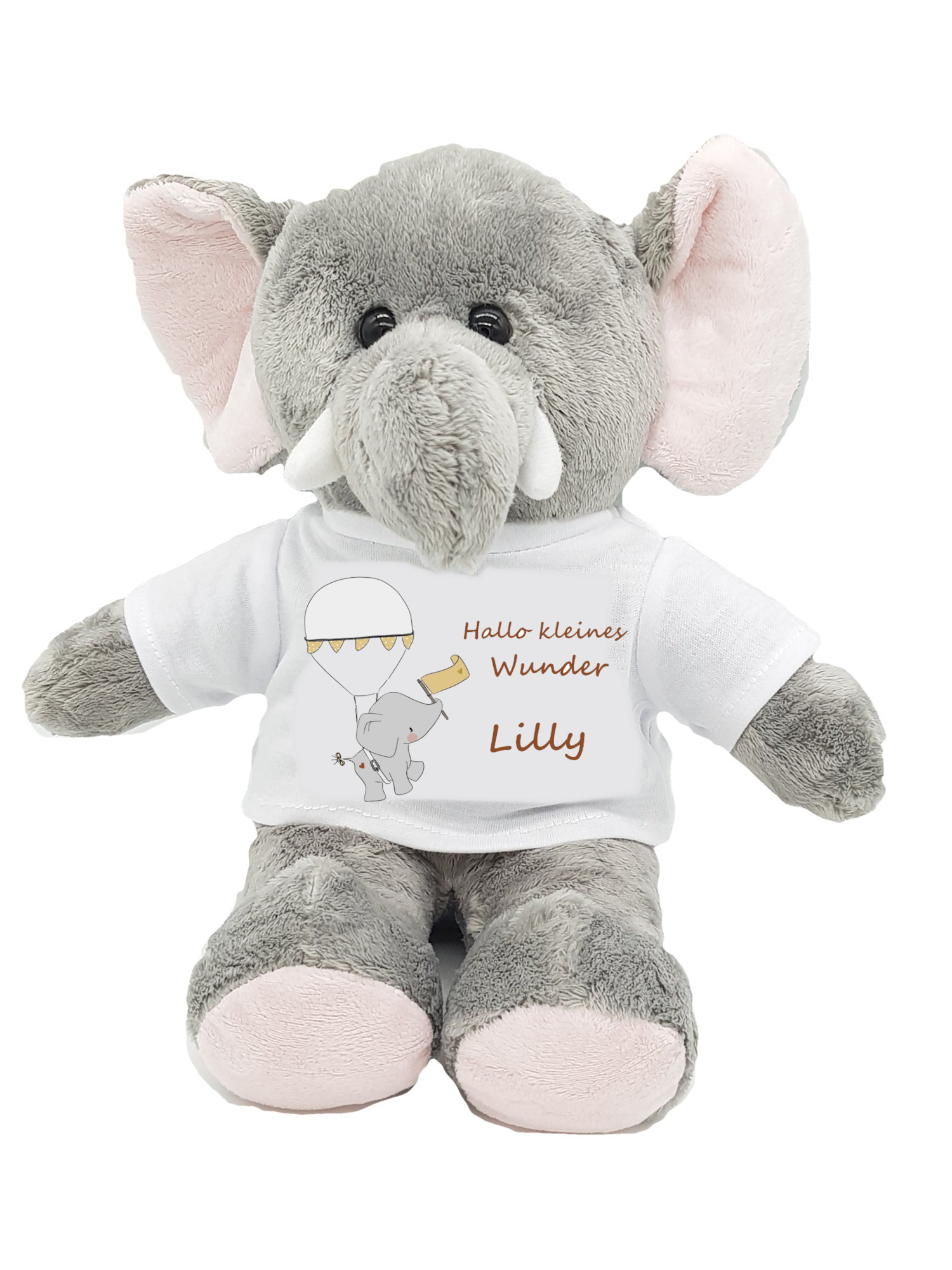 personalisierter Elefant Kuscheltier zur Geburt Hallo kleines Wunder mit Wunschname Ballon