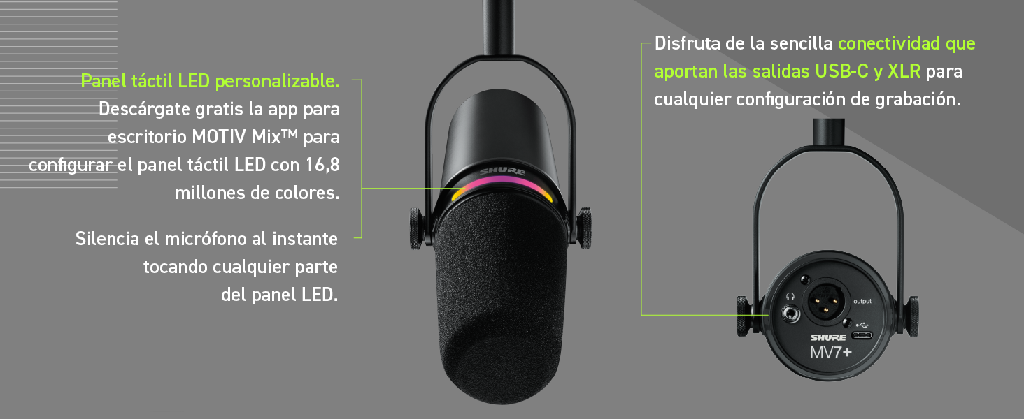 Shure MV7+ Podcast Microphone. Enhanced Audio, LED Touch Panel, USB-C &amp; XLR Outputs