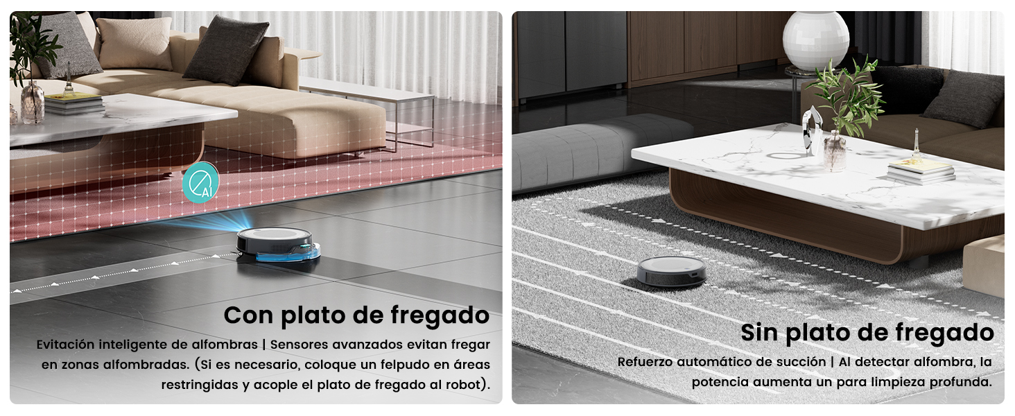 Secuencia de demostración del producto que muestra una aspiradora robótica navegando por diferentes escenarios de habitación. Muestra el rendimiento en varias superficies de suelo.