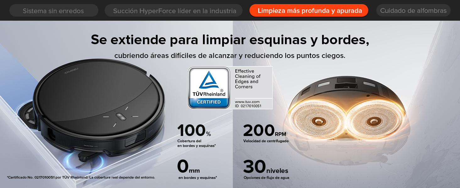 con perfil delgado. Cuenta con 100 minutos de funcionamiento, una potencia de succión de 200 Pa y una capacidad de escalada de 30 mm. Se extiende para limpiar bordes y esquinas.