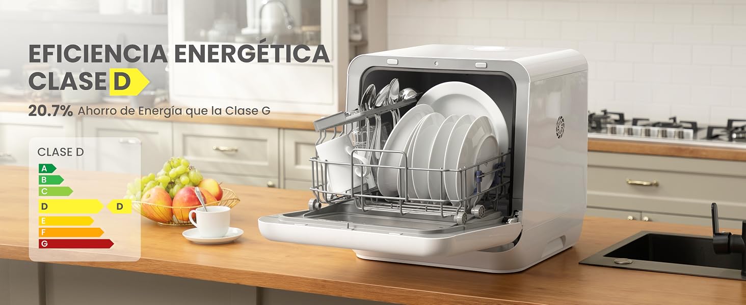 Lavaplatos compacto de encimera con pantalla de clasificación de eficiencia energética, que se muestra en una cocina moderna con los platos cargados visibles a través de una puerta transparente.