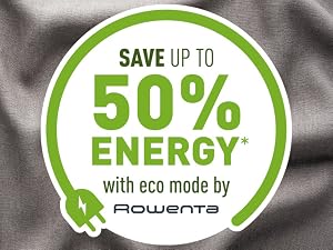 El texto dice «AHORRA HASTA UN 50% con el modo ecológico de ROWENTA». Banner de marketing con elementos circulares verdes y blancos sobre fondo gris.
