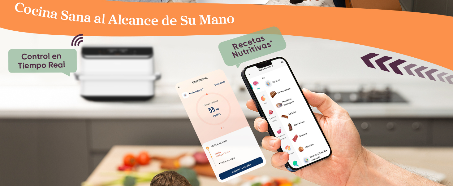 El texto dice «Cocina Sana al Alcance de Su Mano». El teléfono móvil muestra la interfaz de la aplicación con contenido relacionado con la cocina en la pantalla.