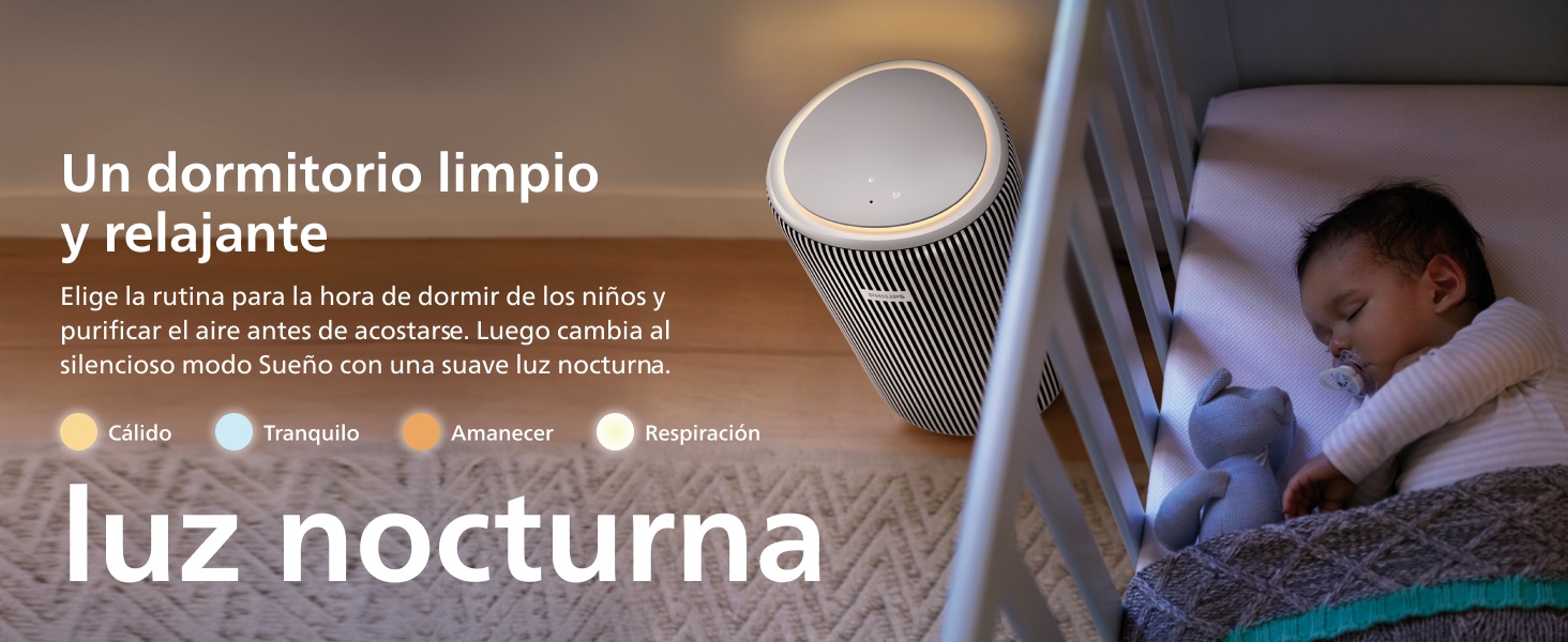 El texto dice «Un dormitorio limpio y relajante» y «luz nocturna». Escena de dormitorio con un dispositivo de iluminación nocturna que emite un brillo suave, lo que promueve un ambiente de sueño limpio y relajante.