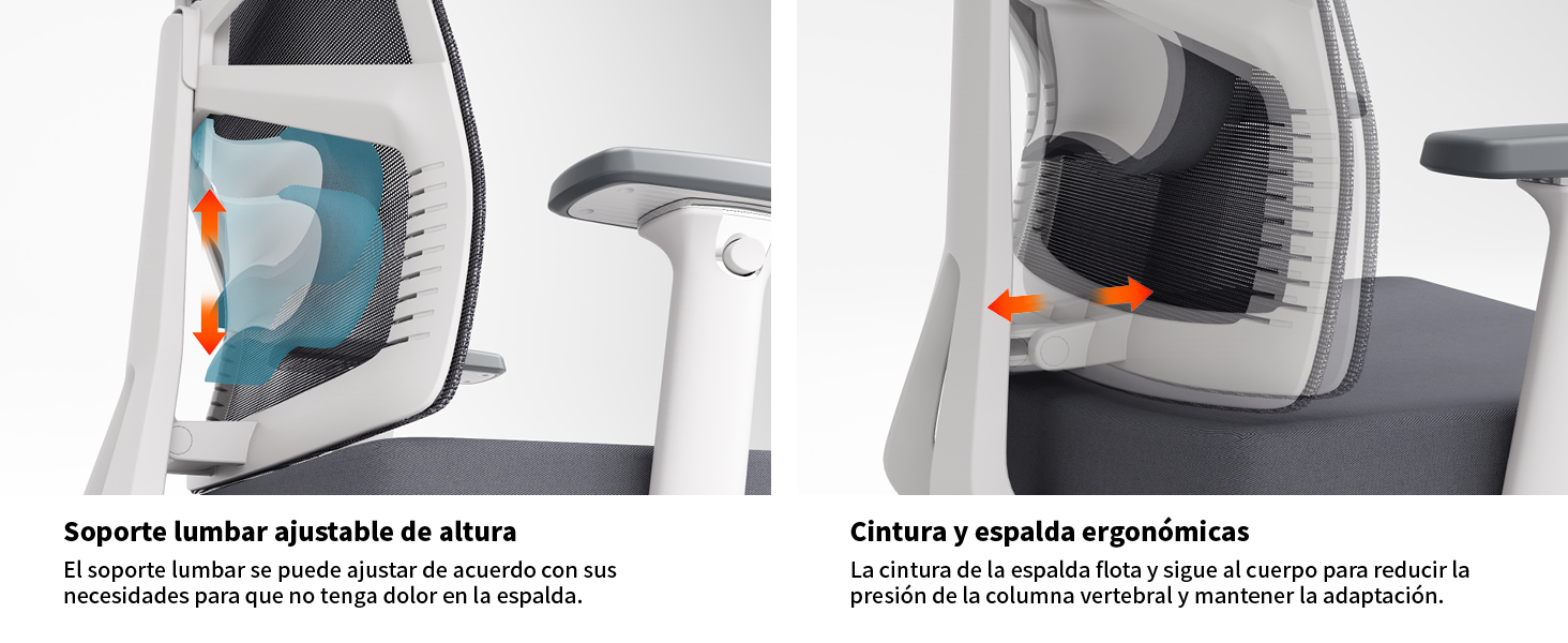 . La imagen de la izquierda muestra un soporte lumbar ajustable. La imagen de la derecha destaca el respaldo y el asiento ergonómicos con un diseño flexible.