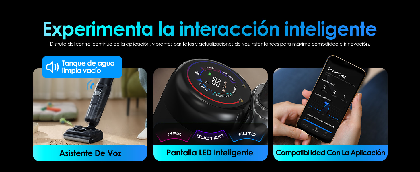 El texto dice «Experimenta la interacción inteligente». Demostración de la interfaz digital que muestra las pantallas de los teléfonos inteligentes con las interacciones entre aplicaciones en azul con el tema de la tecnología.