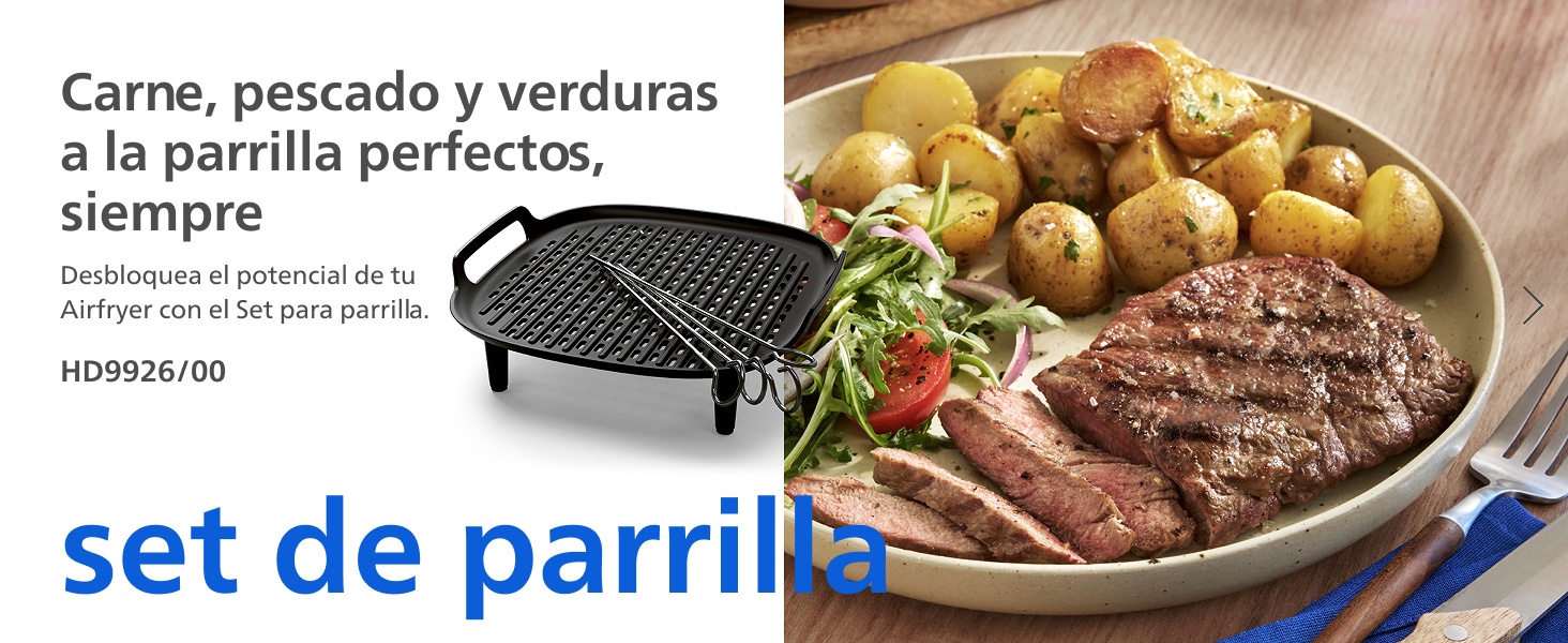 El texto dice «Carne, pescado y verduras a la parrilla perfectos, siempre» con «set de parril». Las imágenes muestran carnes, verduras y utensilios de barbacoa a la parrilla.