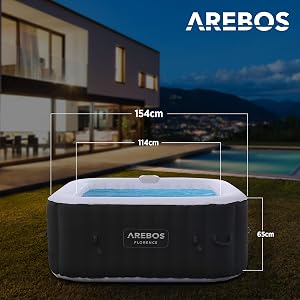 Nadmuchiwany basen spa Arebos pokazany na podwórku, wymiary oznaczone jako 154 cm x 114 cm x 65 cm, z dom