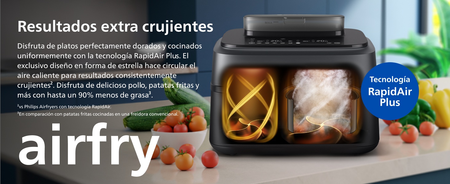 El texto dice «airfry» y «Resultados extra crujientes». Freidora negra con los alimentos visibles a través de una ventana transparente, que muestra resultados de cocción crujientes.