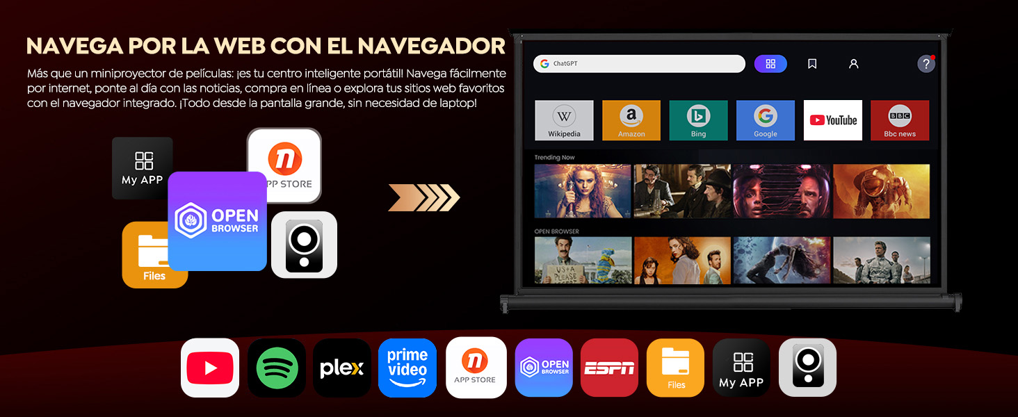 El texto dice «NAVEGA POR LA WEB CON EL NAVEGADOR» en la parte superior. La captura de pantalla muestra la interfaz del navegador web con iconos de aplicaciones y miniaturas multimedia que muestran varias opciones de entretenimiento y streaming.