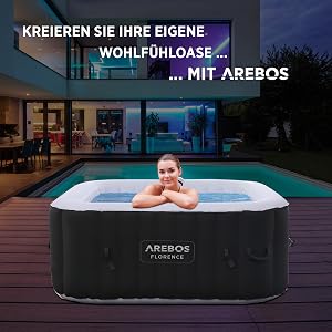 Arebos kwadratowe nadmuchiwane spa z hydromasażem na drewnianym tarasie z nowoczesnym tłem domu, z czarnymi ścianami zewnętrznymi i podświetlaną wodą
