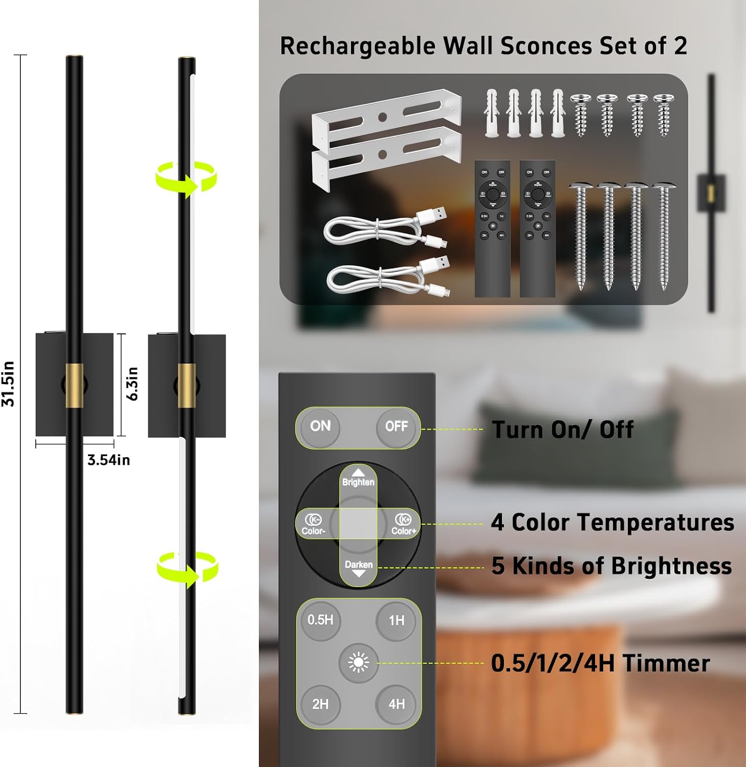 Wireless Battery Operated Wall Sconces Set of 2 (31.5")