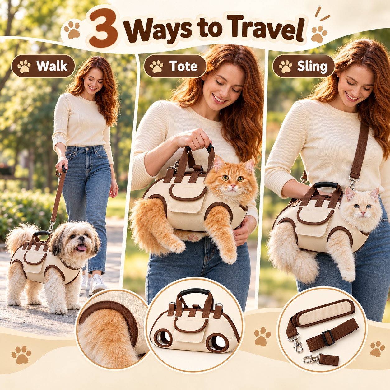 Three ways to use the pet carrier as harness hand-carry bag and shoulder sling