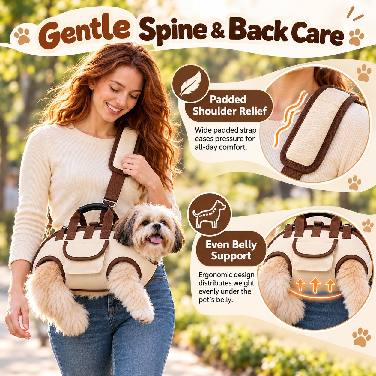 Illustration of pet body positioning and carrying support in a padded carrier