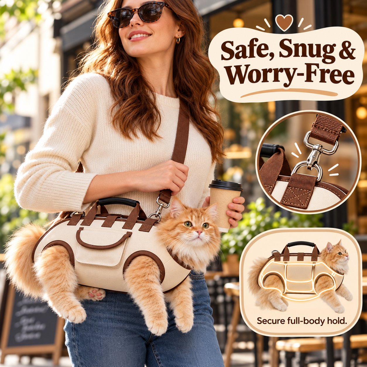 Pet carrier harness wrap and fastening features around a small pet