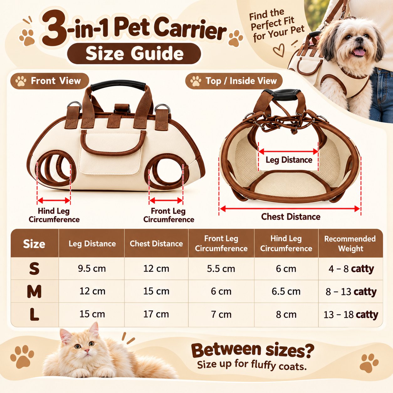 Size and body measurement chart for the padded pet carrier harness