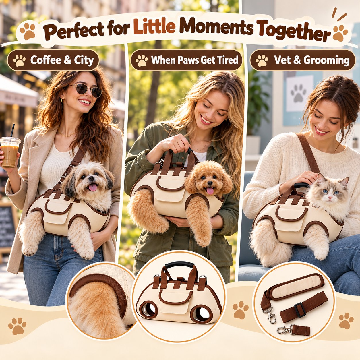 Step-by-step demonstration of placing a pet in the carrier and adjusting straps