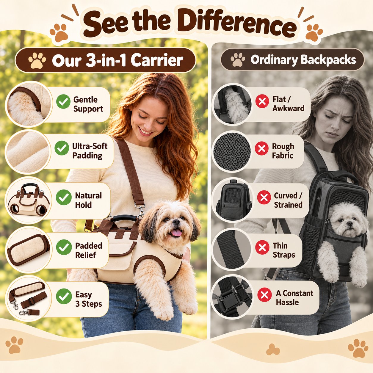 Comparison image illustrating the 3-in-1 pet carrier carrying experience