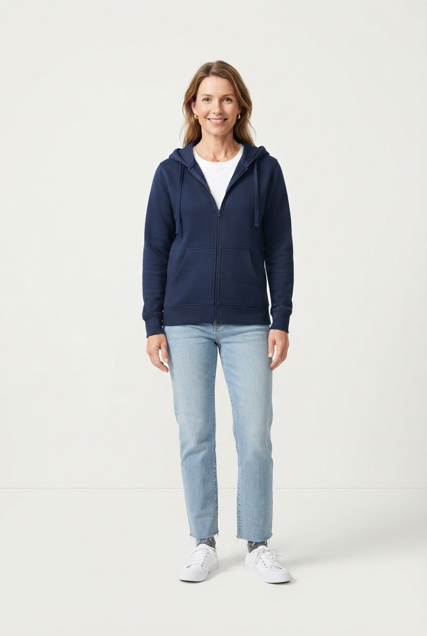 Minimalist boys zip hoodie in navy shown on model