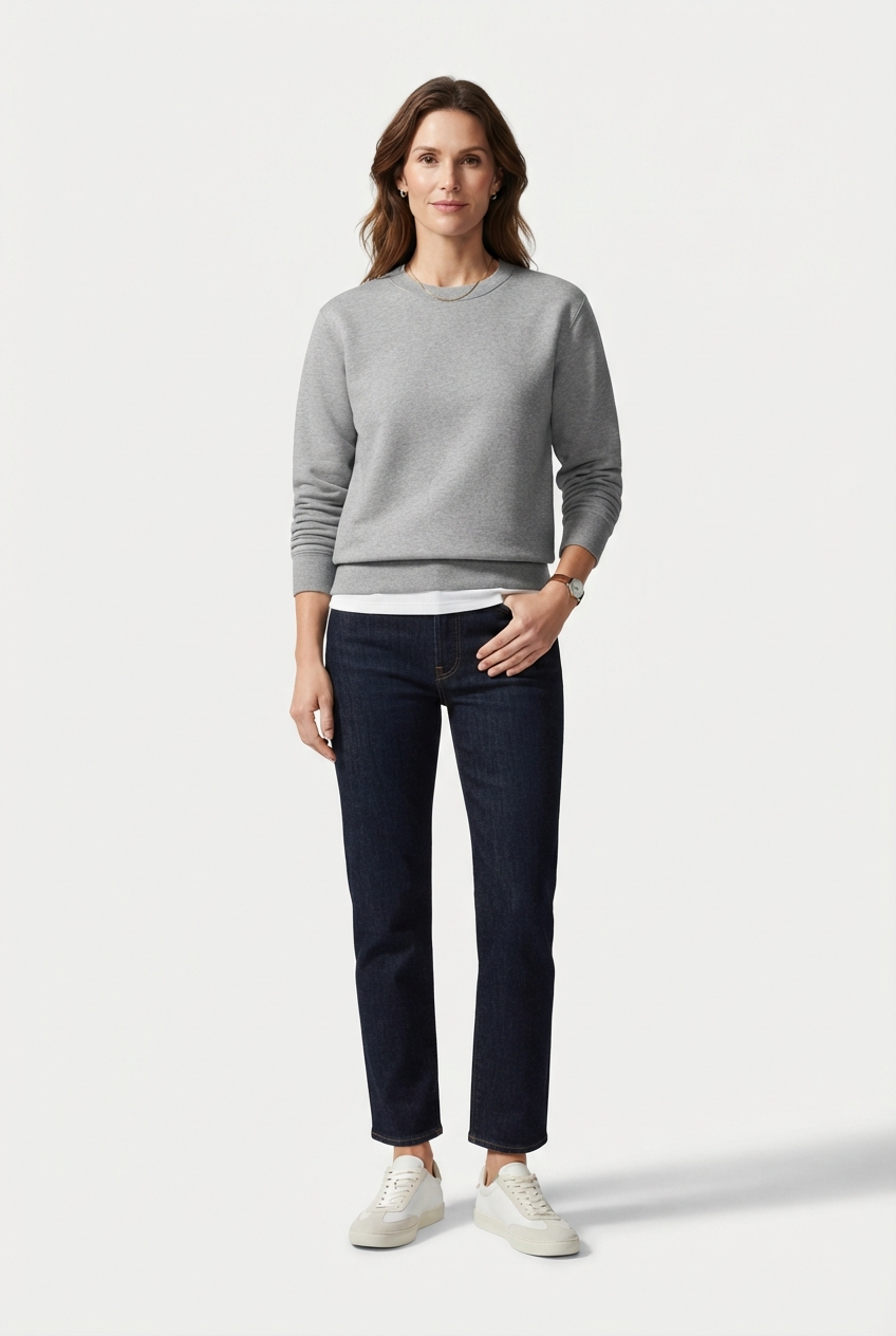 Minimalist boys crewneck sweatshirt in gray shown on model