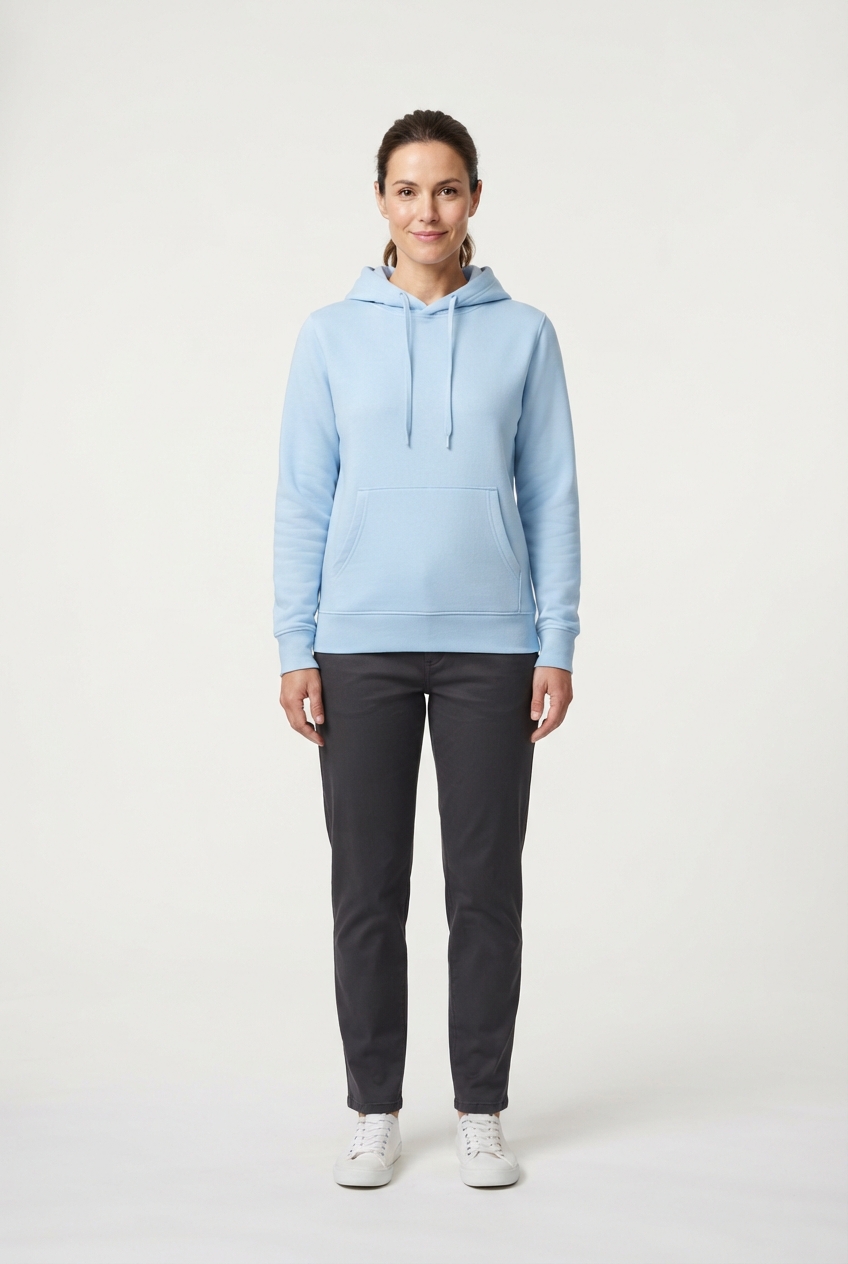 Minimalist boys long-sleeve hoodie in lightblue shown on model