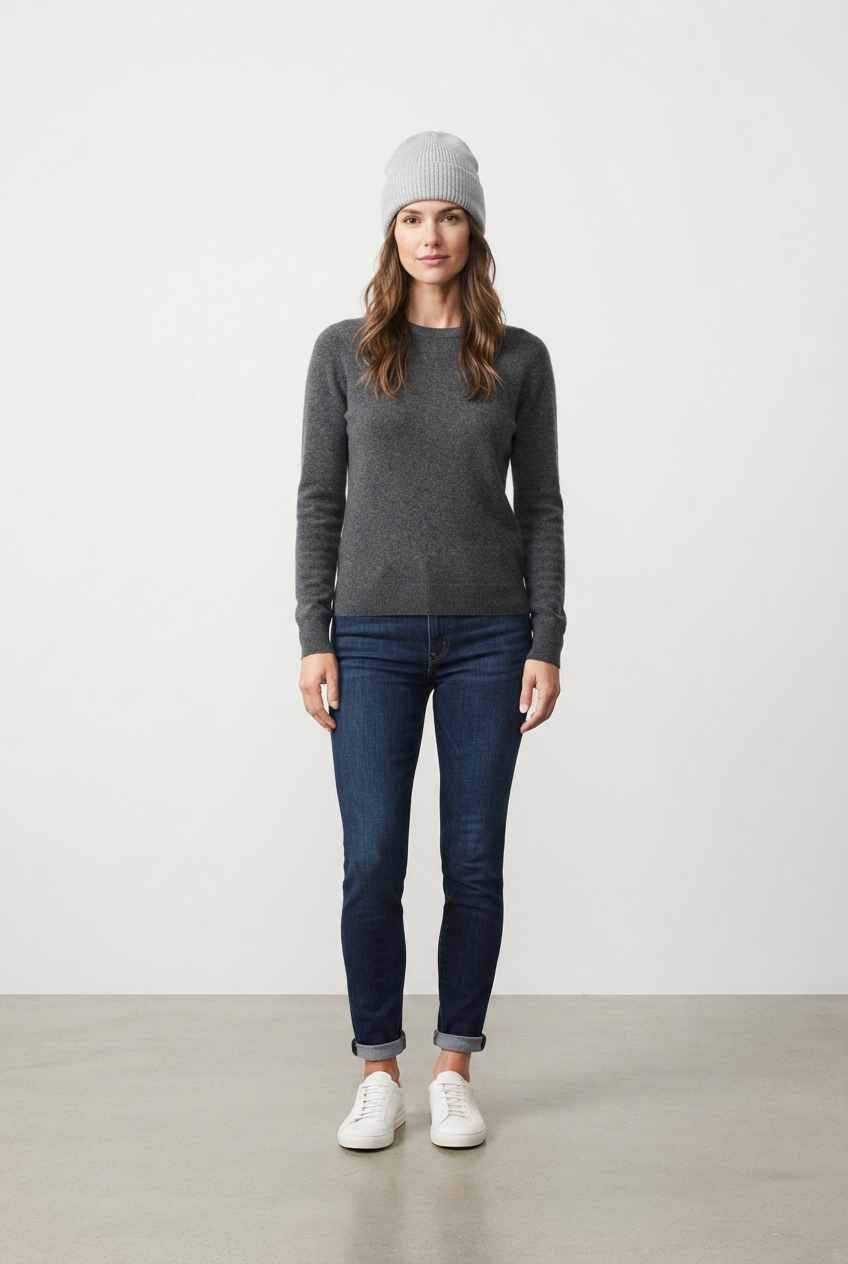 Minimalist boys knit beanie in lightgrey shown on model