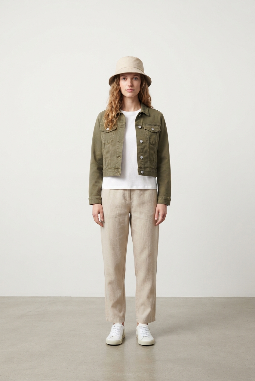 Minimalist boys beige bucket hat shown on model
