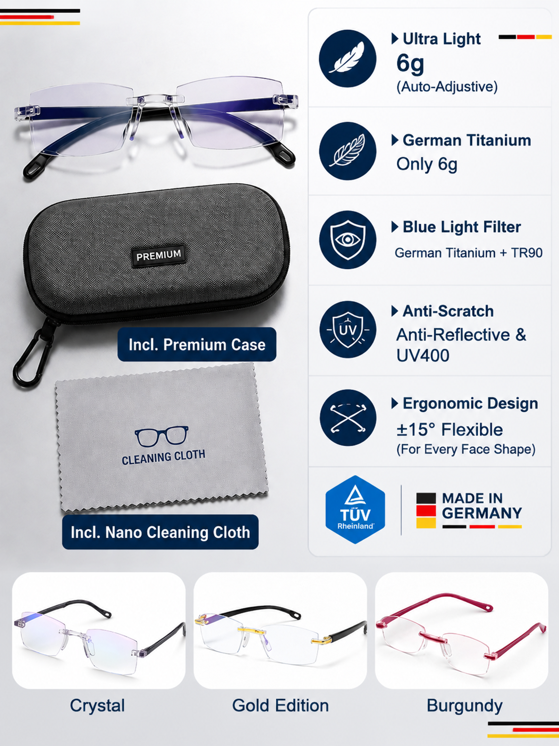 Lightweight Rimless Progressive Reading Glasses with Blue Light Filter & UV400 Protection