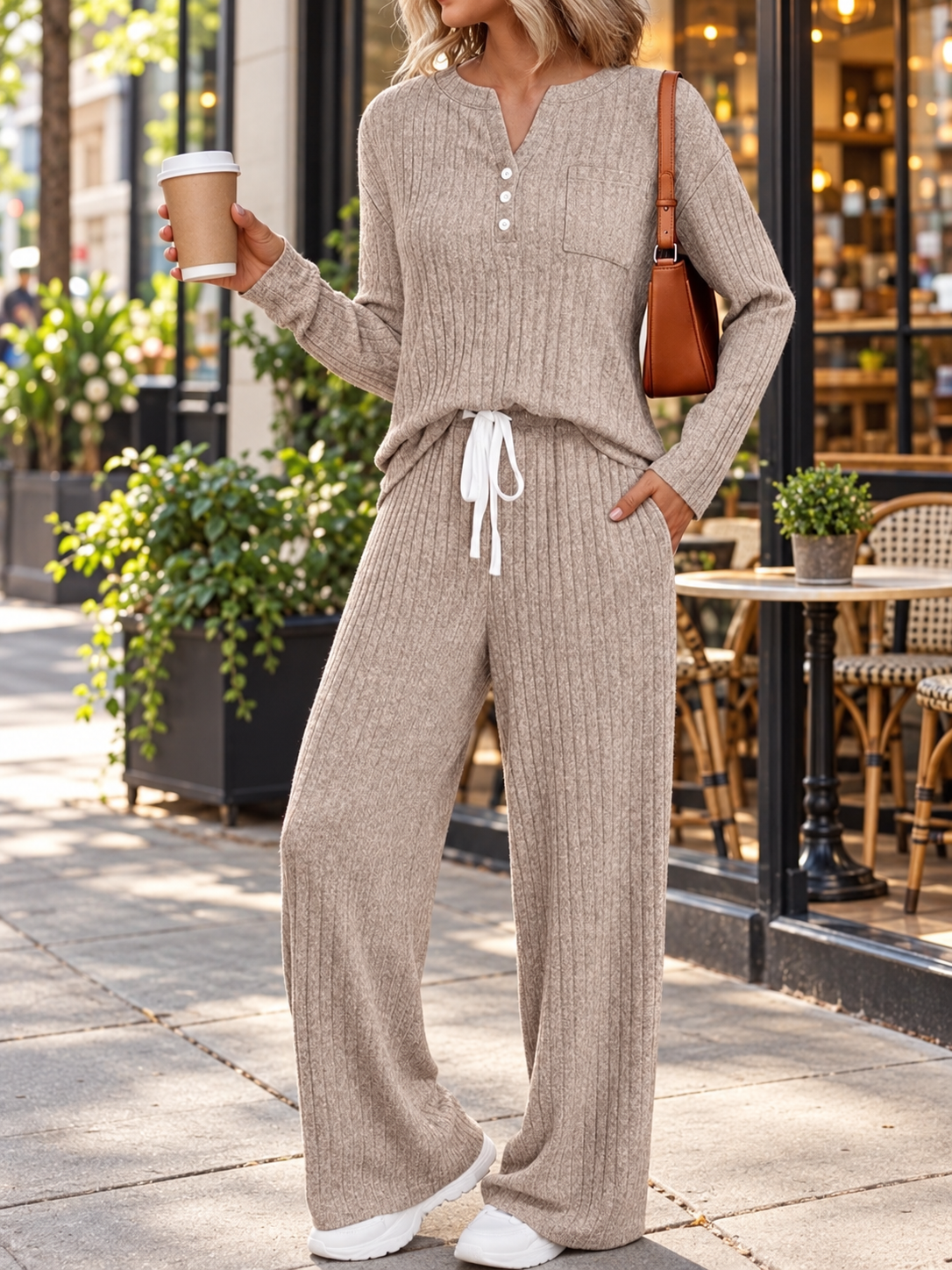 Women's Ribbed Knit Co-ord Set – Long Sleeve Top & Wide-Leg Trousers