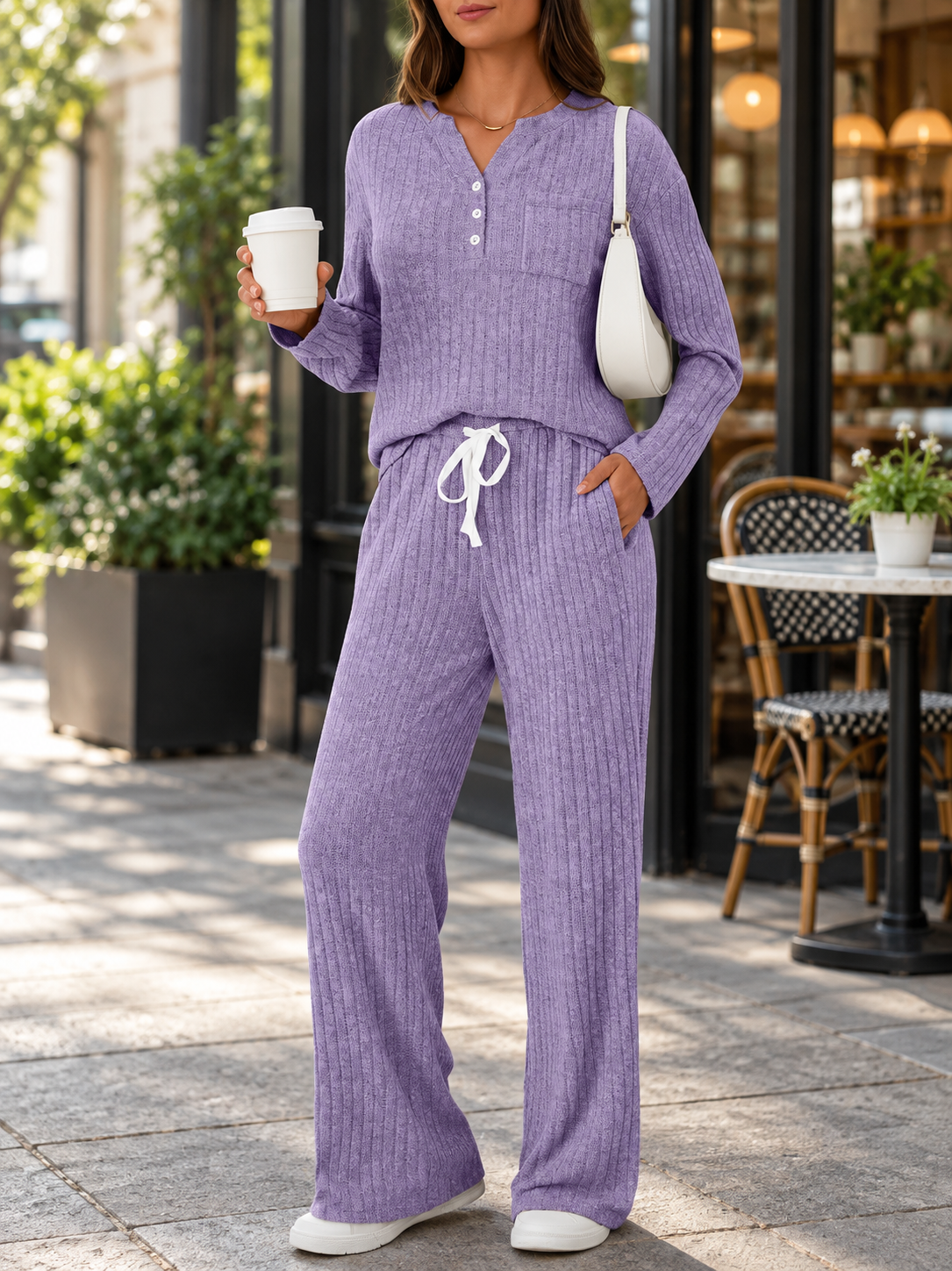 Women's Ribbed Knit Co-ord Set – Long Sleeve Top & Wide-Leg Trousers