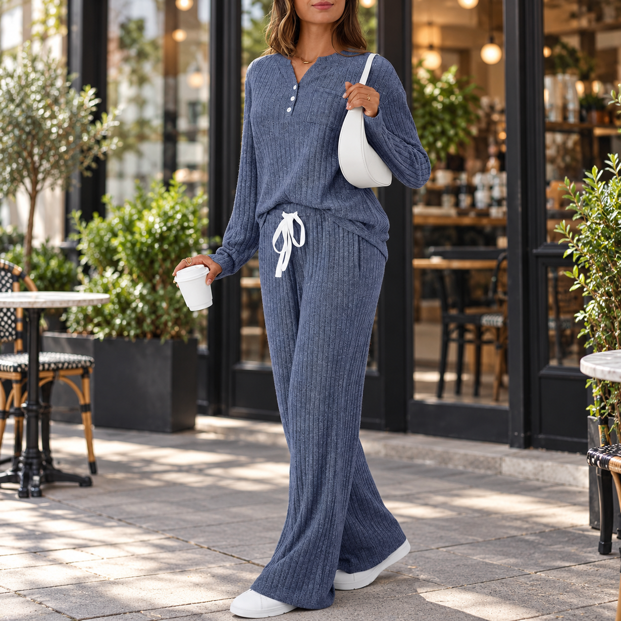 Women's Ribbed Knit Co-ord Set – Long Sleeve Top & Wide-Leg Trousers