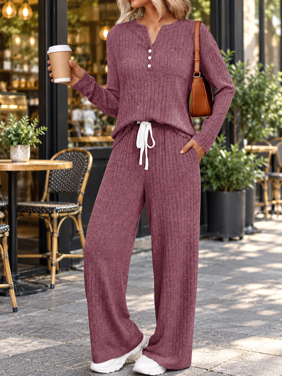 Women's Ribbed Knit Co-ord Set – Long Sleeve Top & Wide-Leg Trousers