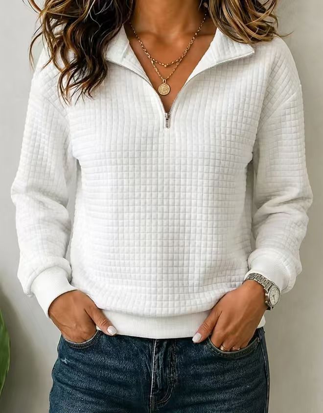 Women’s Quilted Quarter Zip Pullover – Textured Long Sleeve Casual Sweatshirt with Stand Collar