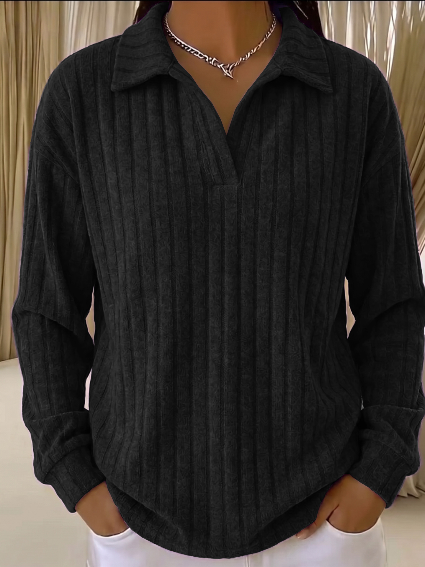 Women’s Ribbed Collared Pullover Top – Long Sleeve Textured V-Neck Casual Shirt with Curved Hem