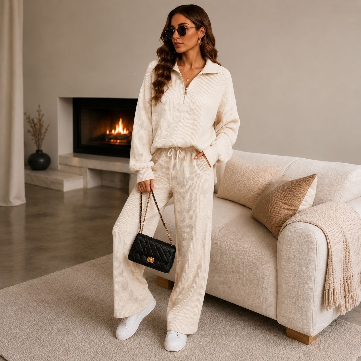 Women’s Ribbed Half Zip Co-ord Set – Relaxed Jumper & Wide Leg Trousers Loungewear