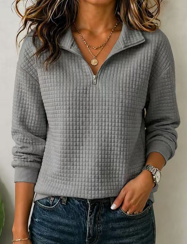 Women’s Quilted Quarter Zip Pullover – Textured Long Sleeve Casual Sweatshirt with Stand Collar