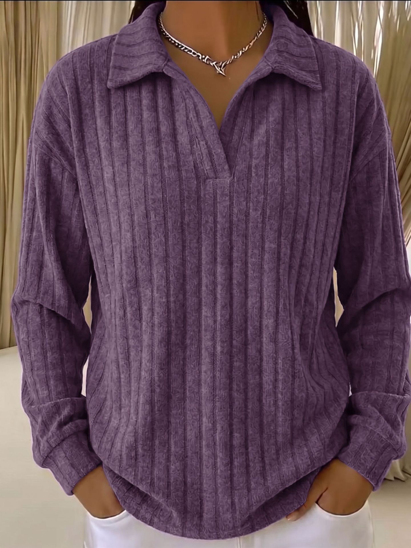 Women’s Ribbed Collared Pullover Top – Long Sleeve Textured V-Neck Casual Shirt with Curved Hem