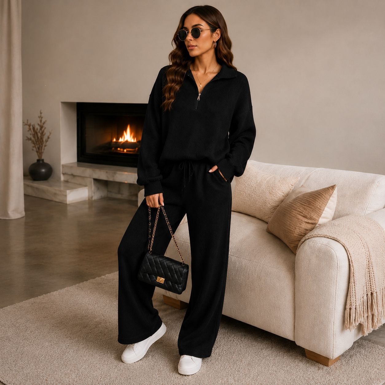 Women’s Ribbed Half Zip Co-ord Set – Relaxed Jumper & Wide Leg Trousers Loungewear