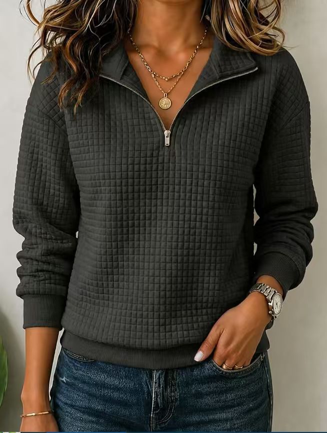 Women’s Quilted Quarter Zip Pullover – Textured Long Sleeve Casual Sweatshirt with Stand Collar