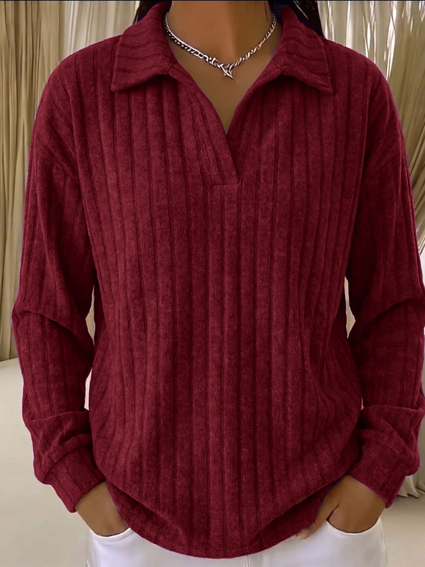 Women’s Ribbed Collared Pullover Top – Long Sleeve Textured V-Neck Casual Shirt with Curved Hem