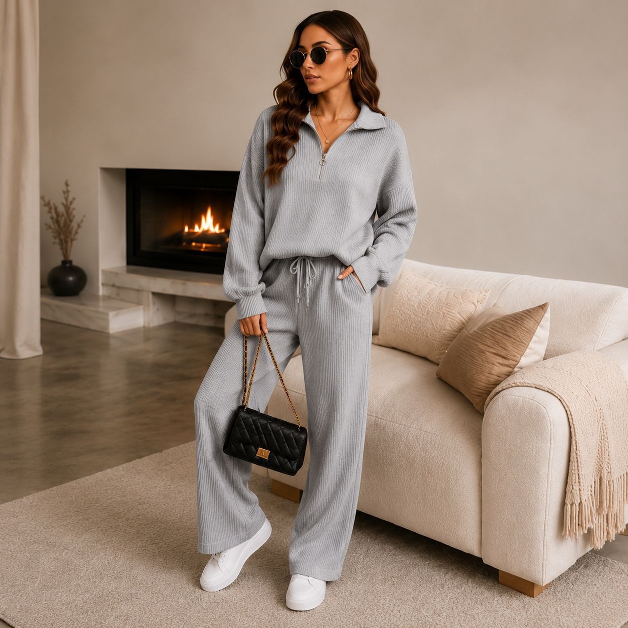 Women’s Ribbed Half Zip Co-ord Set – Relaxed Jumper & Wide Leg Trousers Loungewear