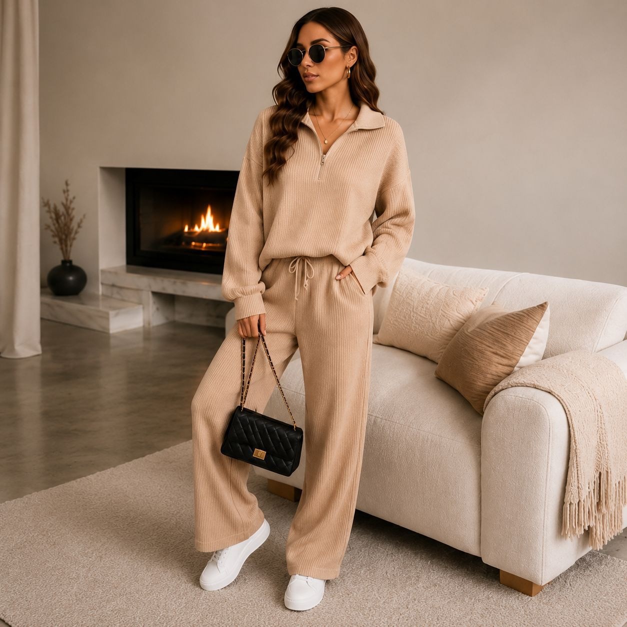 Women’s Ribbed Half Zip Co-ord Set – Relaxed Jumper & Wide Leg Trousers Loungewear