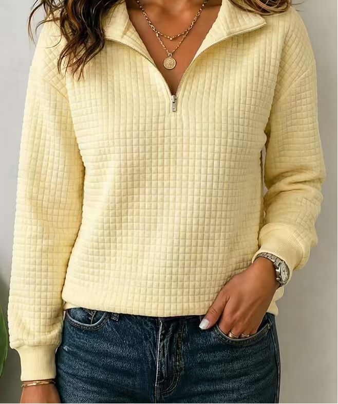 Women’s Quilted Quarter Zip Pullover – Textured Long Sleeve Casual Sweatshirt with Stand Collar